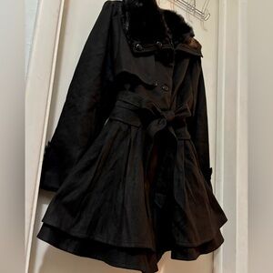 SOLD. Zeagoo Black A Line Flair Peacoat with Faux Fur Collar NWT